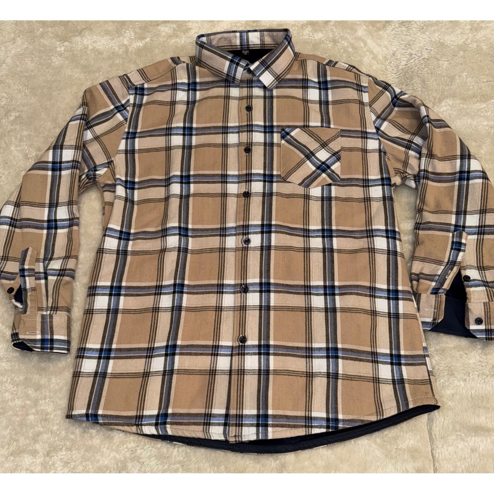 Mens Tan Plaid Fleece Lined Flannel Shirt Jacket Heavyweight Cotton Button Down